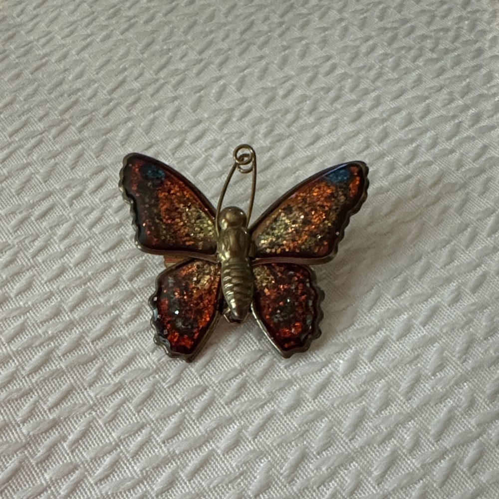 Vintage Copper Confetti Enamel Butterfly Brooch Pin